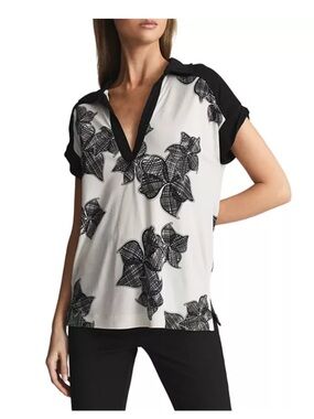 $199 Reiss Daria Printed Open Collar Top black and blues size Small